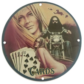 Vintage Porcelain Sign - Retro Cards Theme with Biker and Pin-Up Art