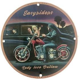 Vintage Easyriders Porcelain Sign - Lady Love Outlaw Motorcycle Art - USA Made