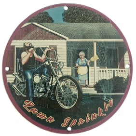 Vintage Porcelain Sign featuring Biker and Grandma - Lawn Sprinkle Decor