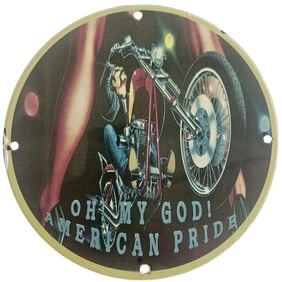 Vintage Porcelain Sign: 'Oh My God! American Pride' Motorcycle Art