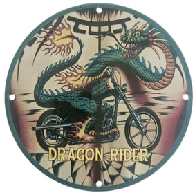 Vintage Porcelain Dragon Rider Motorcycle Sign - Bold Artwork for Bikers and Collectors