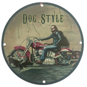 Vintage Dog Style Porcelain Sign with Biker and Motorcycle Art - Bidding Item