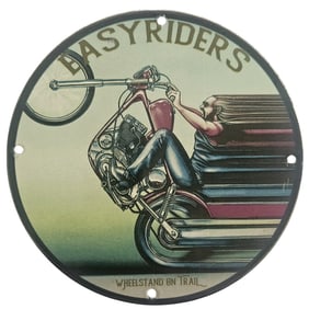 Vintage Easyriders Porcelain Sign - Wheelstand on Trail Motorcycle Art