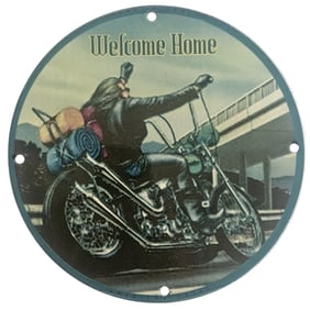Vintage Porcelain Motorcycle Sign - Welcome Home Biker Decor - USA Made