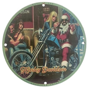 Vintage Harley Davidson Santa Claus Porcelain Sign - Ideal for Collectors and Enthusiasts