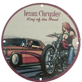 Vintage Jesus Chrysler Porcelain Sign - King of the Road Biker Artwork