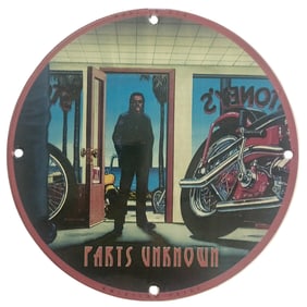 Vintage Porcelain Sign: Parts Unknown Motorcycle Art | American Pride Collectible