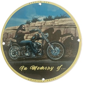 Vintage Porcelain Sign: In Memory of a Biker - American Pride Decor