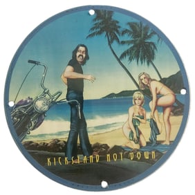 Vintage Porcelain Motorcycle Sign - 'Kickstand Not Down' Retro Beach Artwork