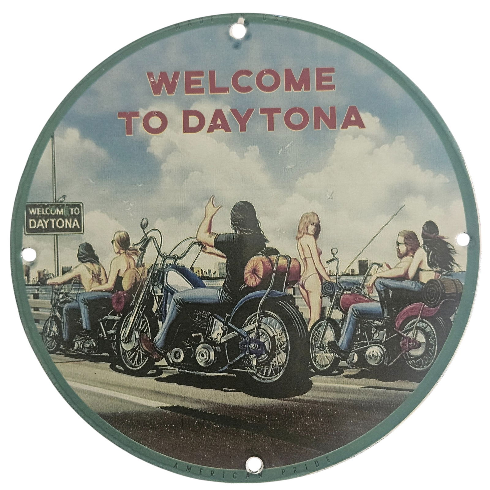 Vintage David Mann Design Heavy Rain Breakdown Porcelain Sign: Truly a one of a kind sign for a real collector of wonderful motorcycle road art!