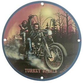 Vintage Porcelain Motorcycle Sign - 'Turkey Steals' - Unique Biker Decor