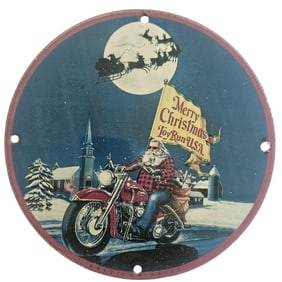 Vintage Merry Christmas Toy Run USA Porcelain Sign Featuring Santa on a Motorcycle