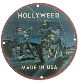Vintage HOLLYWEED Porcelain Sign Featuring Bikers - Made in USA Collectible