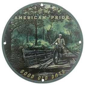Vintage Porcelain Sign - 'American Pride - Good Old Days' Motorcycle Artwork