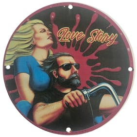 Vintage Porcelain Sign - Love Story with Biker and Blonde Beauty - Collector's Item