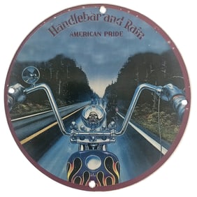 Vintage 'Handlebar and Rain: American Pride' Porcelain Motorcycle Sign - Classic Americana Decor