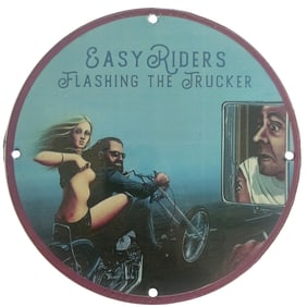 Vintage Porcelain Sign: Easy Riders Flashing the Trucker - Iconic Biker Art