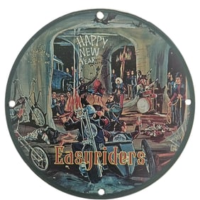 Vintage Porcelain Happy New Year Easyriders Sign - Retro Motorcycle Art Decor