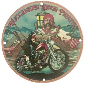 Buccaneer Rider Pirate Porcelain Sign: Vintage Motorcycle & Nautical Artwork