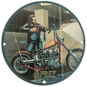 Vintage Porcelain Motorcycle Sign - SPRAY - Iconic Motorbike Art for Collectors