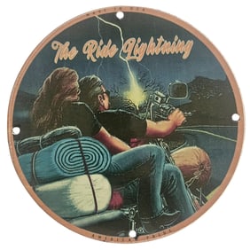 The Ride Lightning Porcelain Sign ? Vintage Motorcycle Art with American Pride Theme