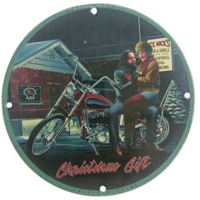Vintage Porcelain Sign: 'Christmas Gift' Featuring Motorcycle Romance Scene