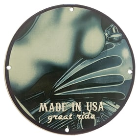 Vintage Porcelain Sign: Made in USA - Great Ride with Classic Motorcycle Motif