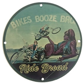 Vintage Porcelain Sign: Bikes, Booze, and Chic Style - Ride Broad Decor