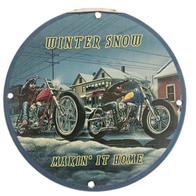 Vintage Porcelain Sign: Winter Snow Makin' It Home - Iconic Motorcycle Art