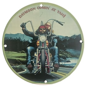 Vintage Porcelain Sign: 'Daymoon Comin' at Yah!' - Perfect for Motorcycle Art Lovers
