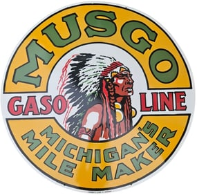 Rare Vintage Musgo Gasoline Porcelain Sign - A Unique Collectible Michigan's Mile Maker 48" DPS
