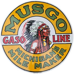 Rare Vintage Musgo Gasoline Porcelain Sign - A Unique Collectible Michigan's Mile Maker 48" DPS: Step back in time with this rare vintage porcelain sign from the Musgo Gaso Line, a historic gas station known as Michigan's 'Mile Maker.' Porcelain signs have become highly sought-after collectibles,