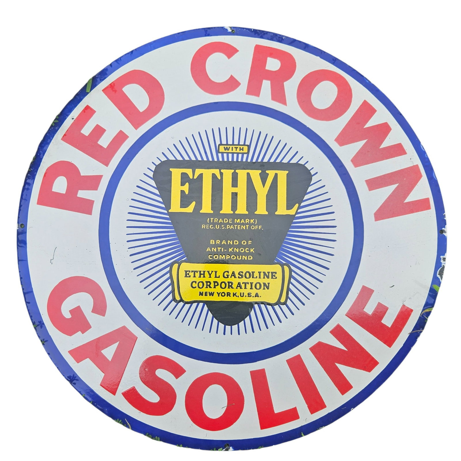 Vintage Red Crown Gasoline Ethyl Porcelain Sign ? Rare Collector's Gem 30": Experience the nostalgia of yesteryear with this exceptional Vintage Red Crown Gasoline Ethyl Porcelain Sign, a timeless piece that offers a glimpse into the rich history of the American automotive er