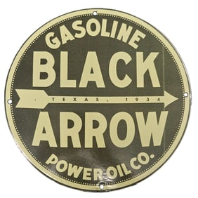 Rare Vintage Porcelain Sign: Gasoline Black Arrow, Power Oil Co., Texas 1934