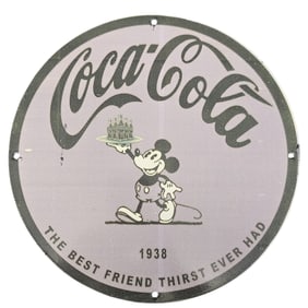 Rare Vintage Coca-Cola Porcelain Sign Featuring Mickey Mouse - A Collector's Dream Item