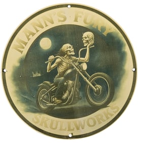 Vintage Mann's Fury Skullworks Motorcycle Porcelain Sign - A Collector's Dream