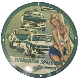 Vintage Evergreen Speedway Porcelain Sign - Classic Automotive Art Collectible