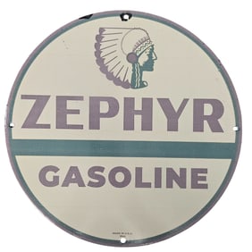 Rare Vintage Zephyr Gasoline Porcelain Sign - Collector's Delight from 1945