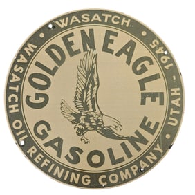 Vintage Golden Eagle Gasoline Porcelain Sign - A Collector's Dream from Wasatch Oil Refining Co.
