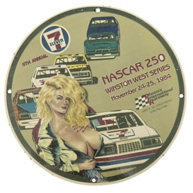 Vintage 7-Eleven Porcelain Sign from the 1984 NASCAR 250 Winston West Series