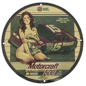 Rare Vintage Motorcraft Porcelain Sign ? NASCAR Memorabilia from 1991 ARCA 500K