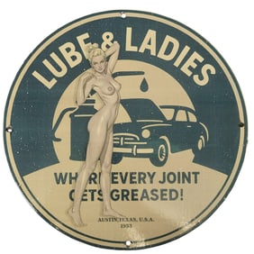Rare Original 1953 Lube & Ladies Vintage Porcelain Sign - Automotive Decor Collectible