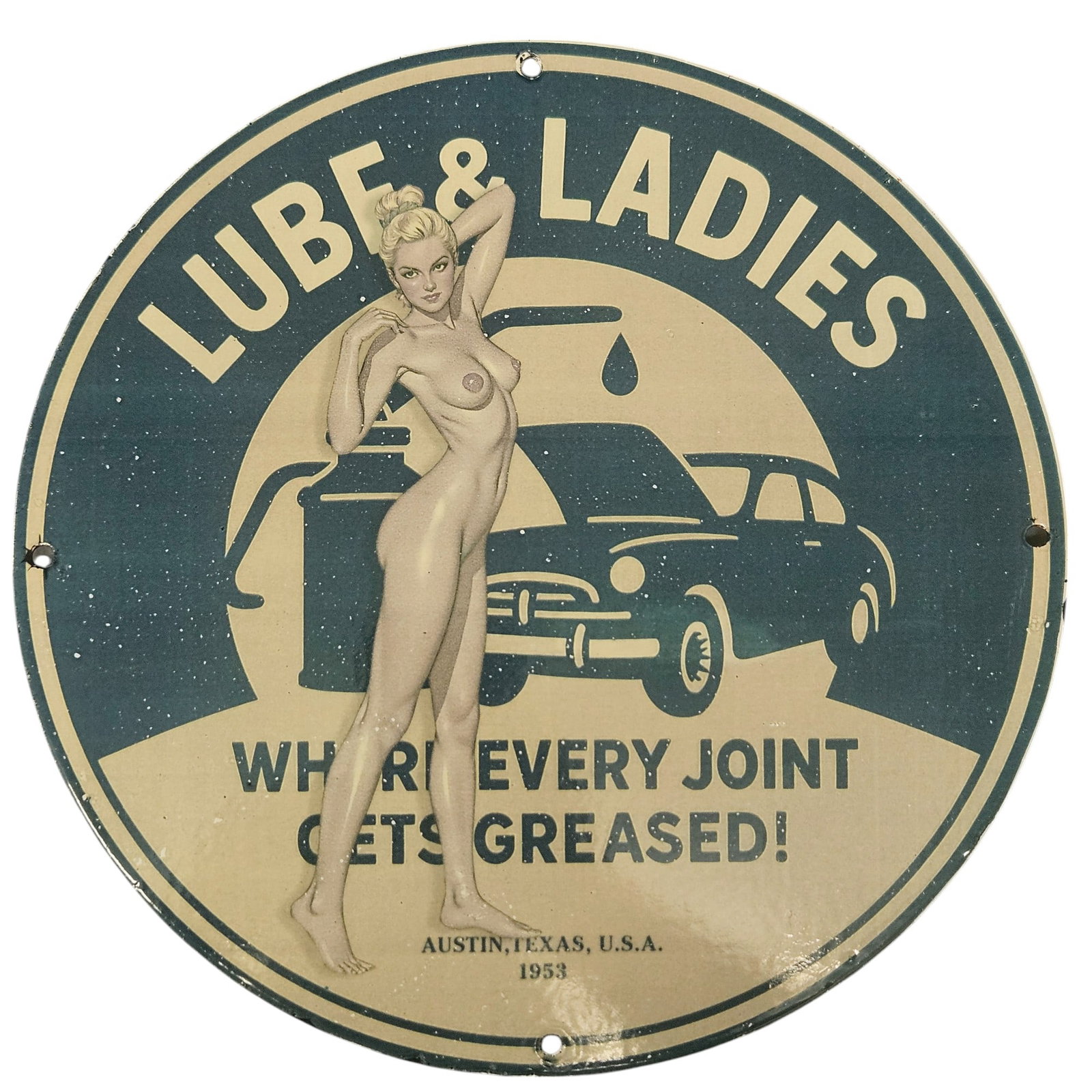Rare Original 1953 Lube & Ladies Vintage Porcelain Sign - Automotive Decor Collectible: Step back in time with this exceptional 1953 Lube & Ladies vintage porcelain sign. A timeless piece of automotive history, this sign is not only a testament to the era's unique advertising style but a