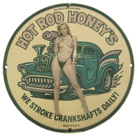Vintage Porcelain Sign Featuring Hot Rod Honey's Unique Artwork from 1956