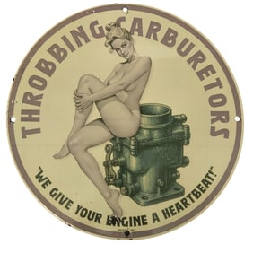 Vintage Porcelain Sign: Throbbing Carburetors - Unique Auto Collectible