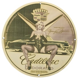 Vintage Cadillac Eldorado Porcelain Sign Featuring Iconic Marilyn Monroe Artwork