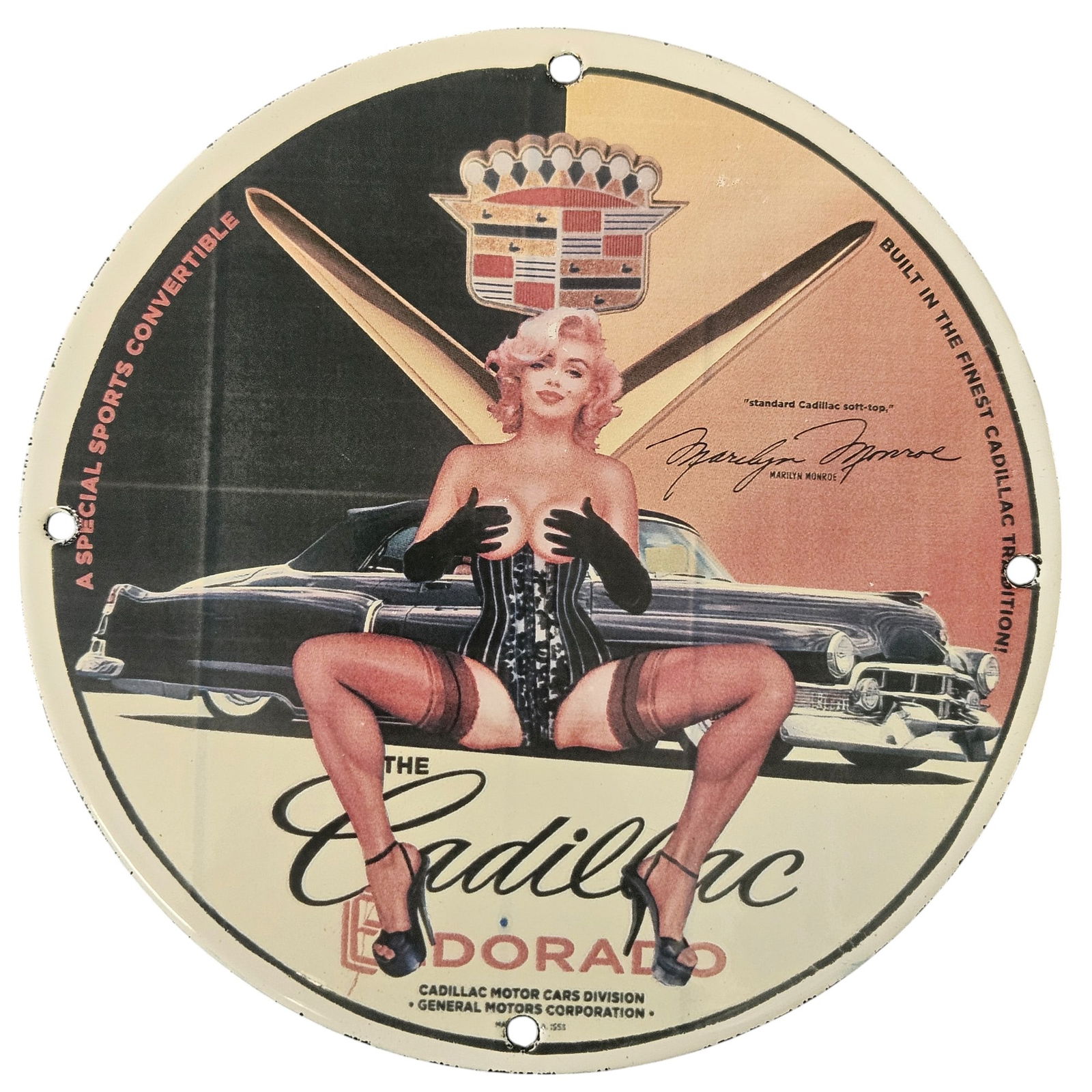 Vintage Marilyn Monroe Cadillac Porcelain Sign - Classic Automotive Collectible (1 of 2)