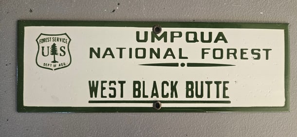 Rare Vintage Umpqua National Forest Porcelain Sign for West Black Butte ? Collectible Memorabilia