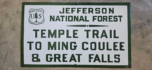 Vintage Jefferson National Forest Porcelain Sign: Temple Trail to Ming Coulee & Great Falls