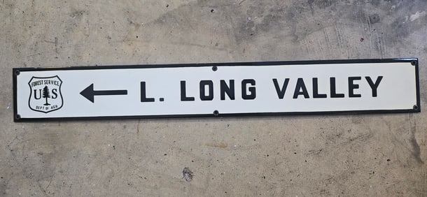 Vintage US Forest Service Porcelain Sign - L. Long Valley Directional Signage